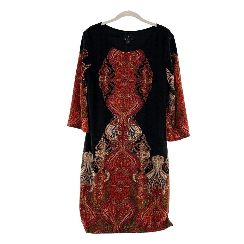 Ronni‎ Nicole Womens Dress Size 10 Black Multicolor Paisley Print 3/4 Sleeve a